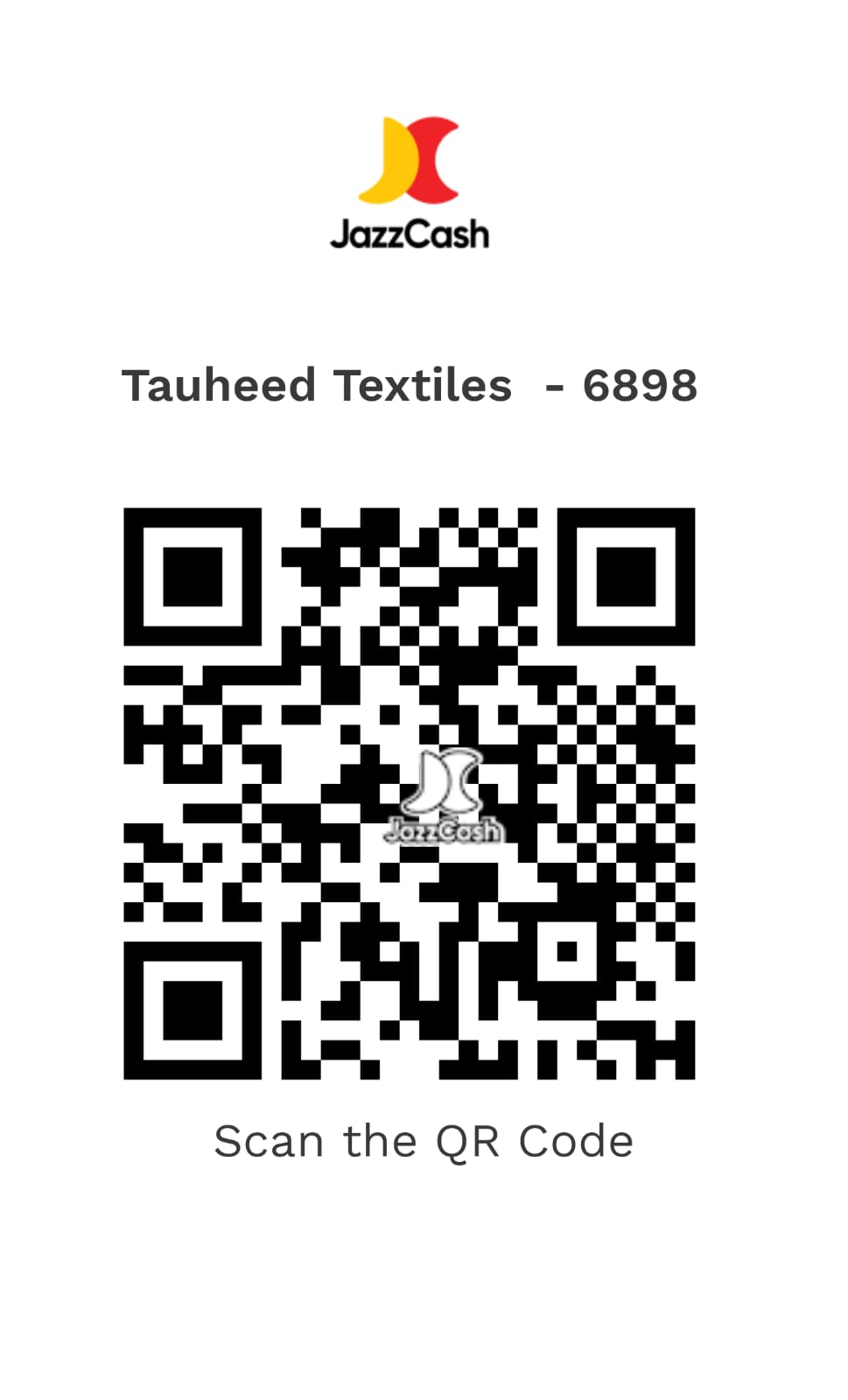 JazzCash QR code for Tauheed Textiles